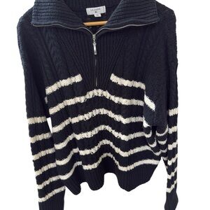 La Ligne Target Black White Striped Chunky Knit Quarter Zip Sweater Size Xl